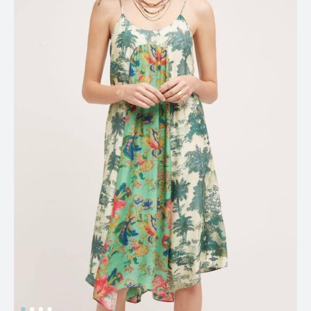 Anthropologie Tropical Print Strap Midi Dress in Green